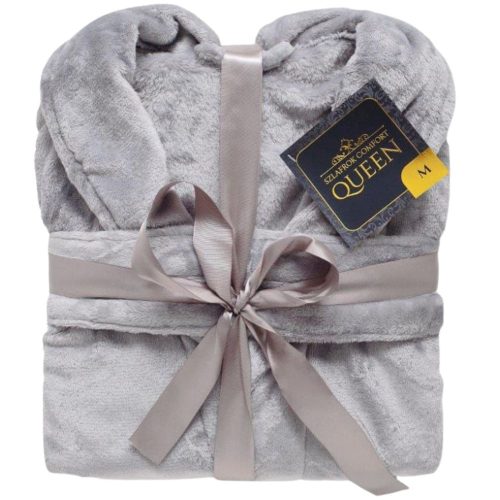 Albornoz de franela COMFORT QUEEN S – 100% poliéster, 230 g/m², gris, cuello tipo chal, con 2 bolsillos, cinturón y colgador