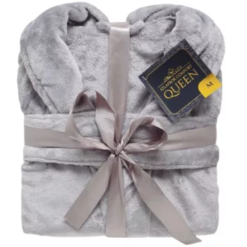   Albornoz de franela COMFORT QUEEN M – 100% poliéster, 230 g/m², gris, cuello tipo chal, con 2 bolsillos, cinturón y colgador