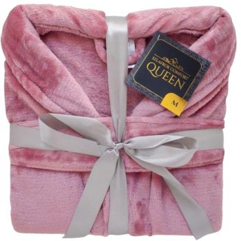   Albornoz de franela COMFORT QUEEN para mujer M – 100% poliéster, 230 g/m², rosa empolvado, cuello tipo chal, con 2 bolsillos, cinturón y colgador