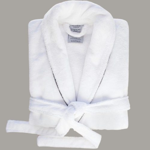 Albornoz VERDI Soft Touch XXL – 50% algodón, 50% poliéster, 310 g/m², blanco, cuello tipo chal, con ribete plateado y 2 bolsillos