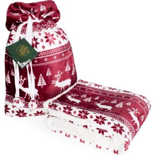 Karácsonyi sherpa takaró 127×152 cm – ajándék zsákban (piros)